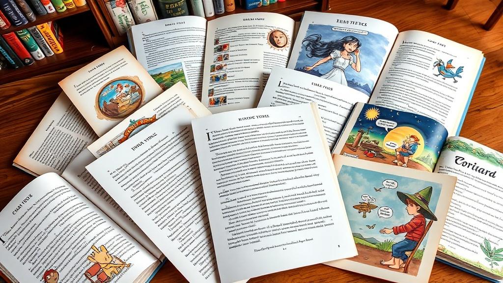 Multiple illustrated picture books fanned out showing different chapters from a novel with unique colorful artwork