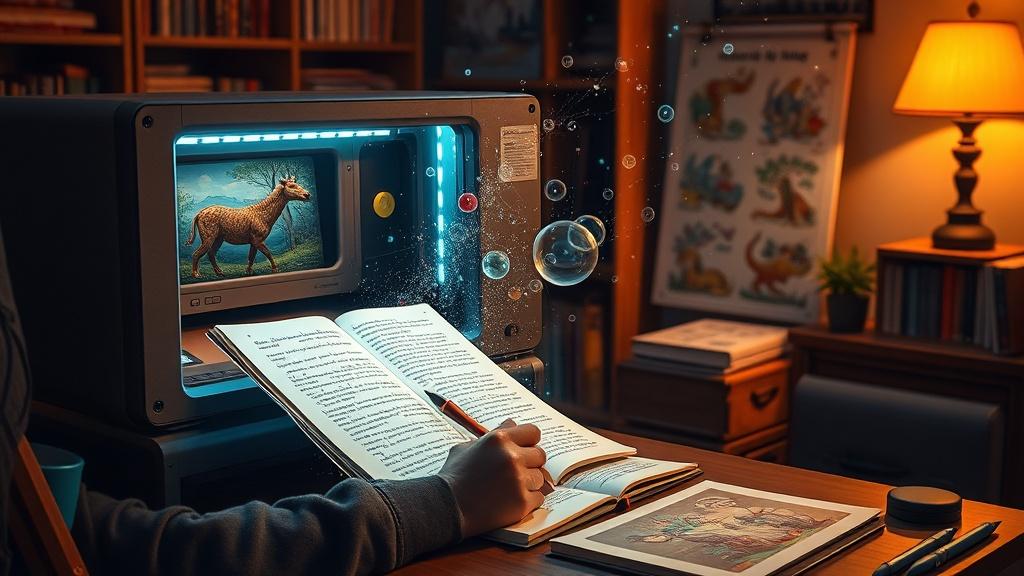 Writer placing story pages into a magical AI machine that creates illustrated book pages