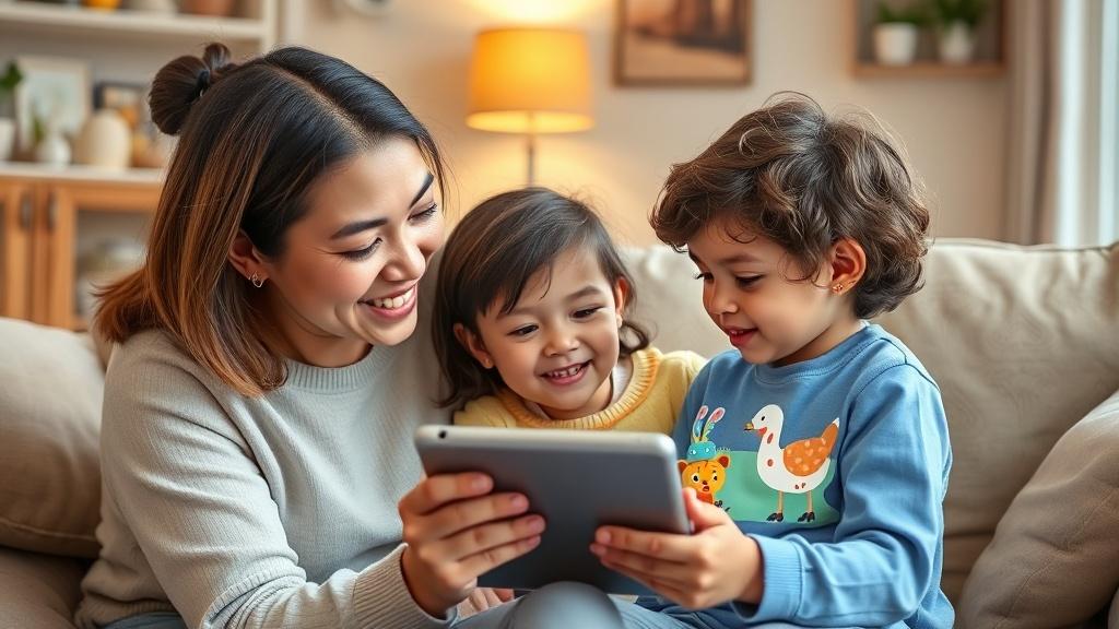 Parent and child watching their story being transformed into illustrations on a tablet