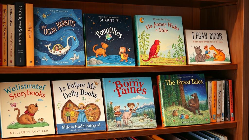 Multiple illustrated storybooks displayed on a cozy bookshelf with diverse themes