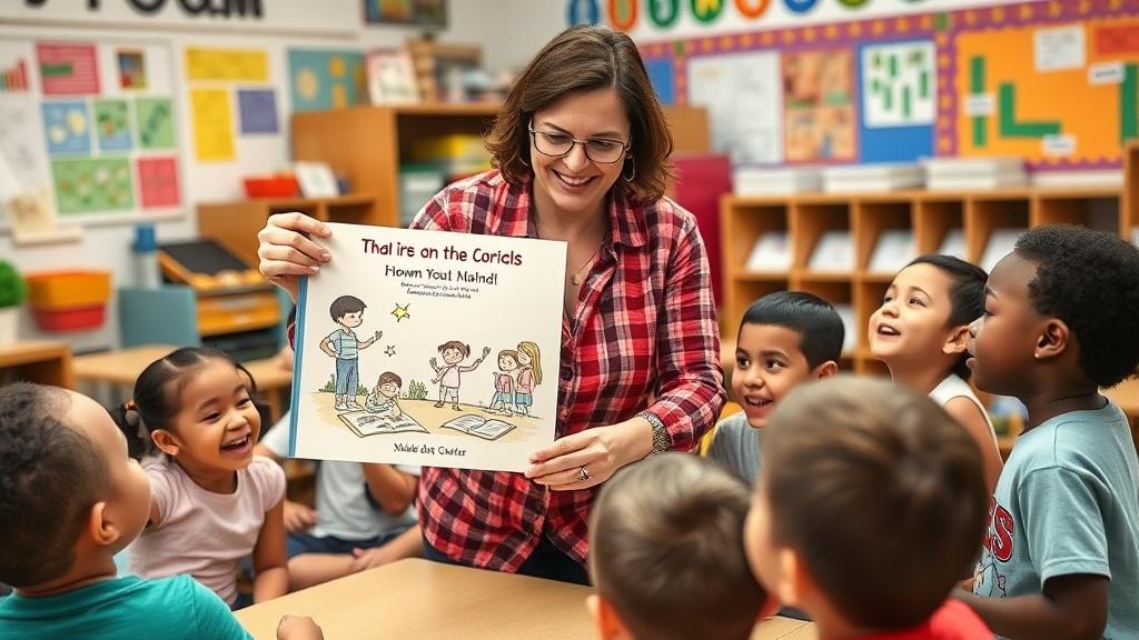 Teacher showing a professionally illustrated picture book to excited children in a classroom