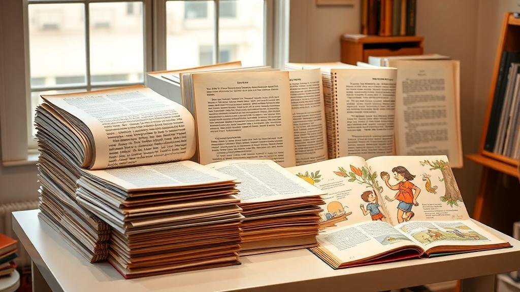 A collection of thick story manuscripts next to their finished illustrated picture book versions on a bright table
