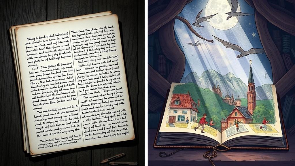 A side-by-side comparison showing dense handwritten story pages transforming into a gorgeous illustrated picture book spread