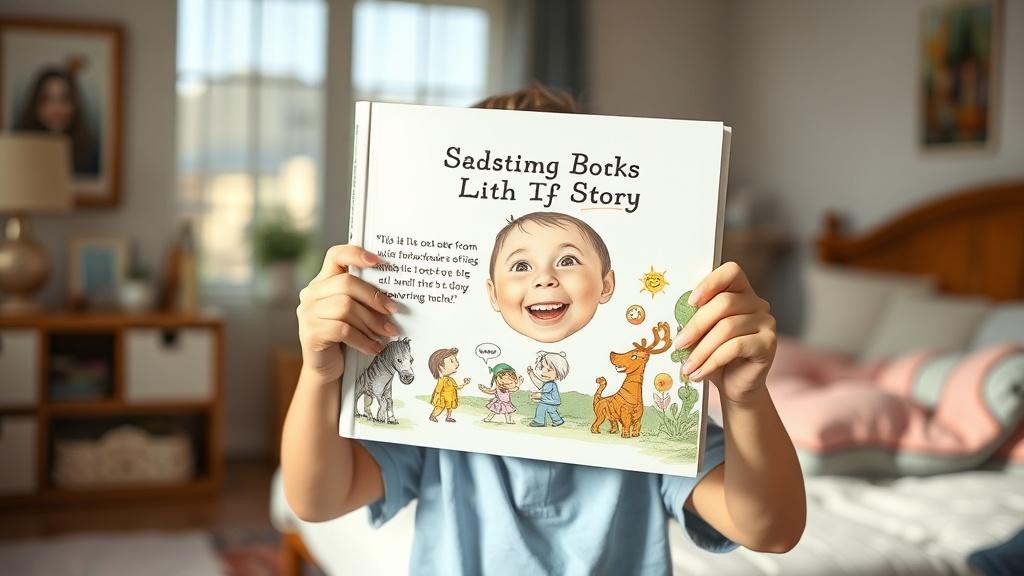 A child excitedly holding up a custom illustrated picture book made from their favorite long story