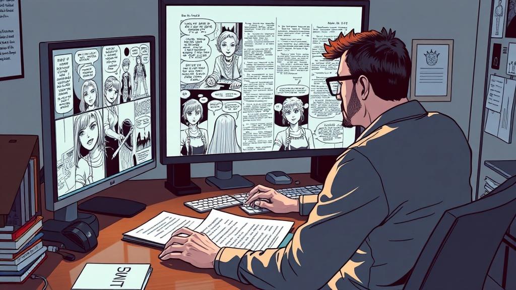 A creator reviewing comic panels generated from a novel manuscript on a monitor