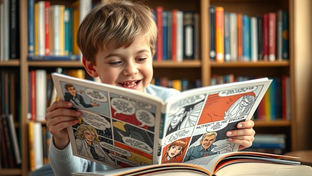A young reader excitedly flipping through a comic book version of their favorite novel