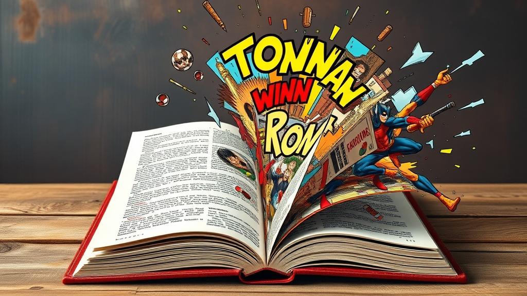 A novel book transforming into a dynamic comic book with panels flying out