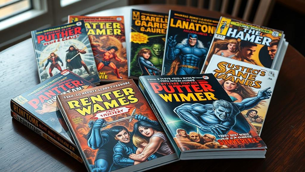 A collection of comic books adapted from different novel genres on a table