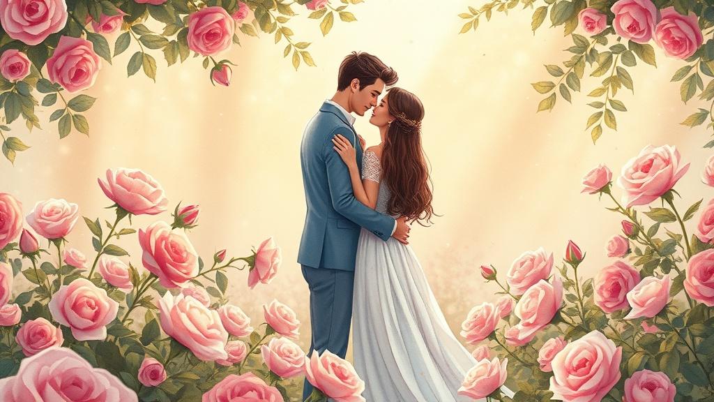 A romantic couple illustrated in a beautiful picture book spread, standing in a garden of roses with soft warm lighting, watercolor storybook style