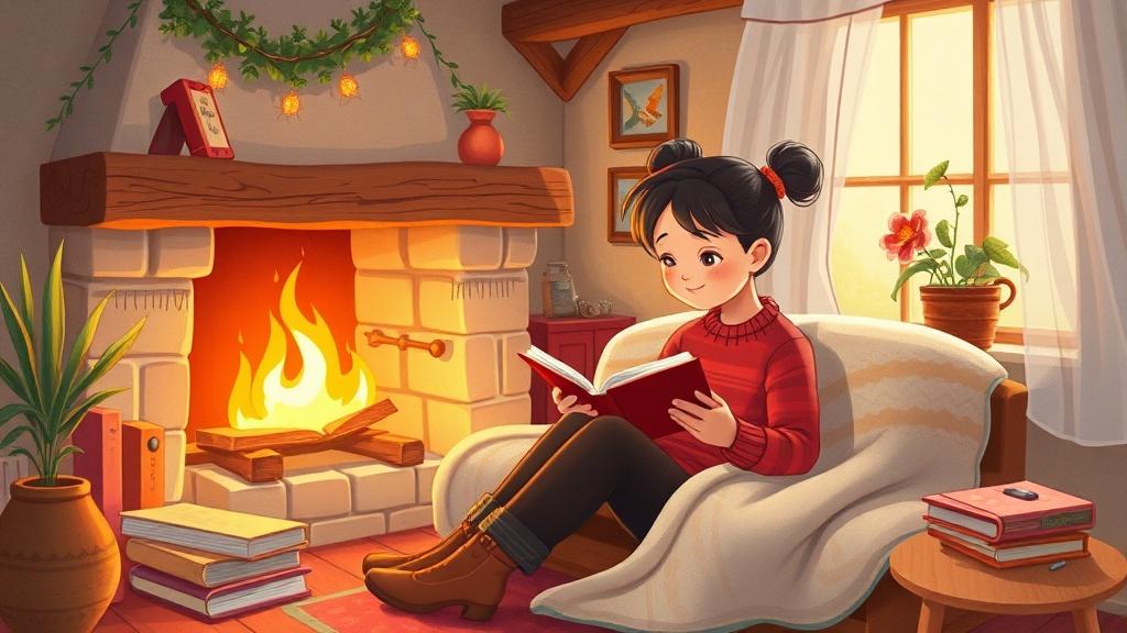 A cozy illustrated scene of a couple reading together by a fireplace in a charming cottage, warm storybook illustration style