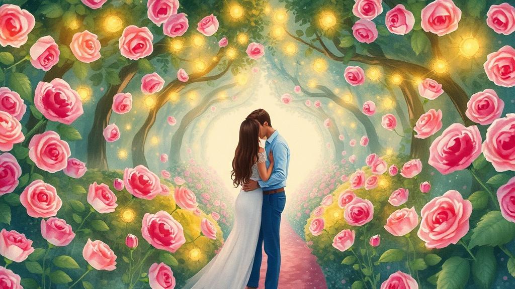Watercolor style romantic couple in an enchanted garden maze with roses and fairy lights