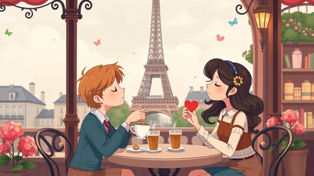 A whimsical illustration of a love story in a European café setting with the Eiffel Tower in the background