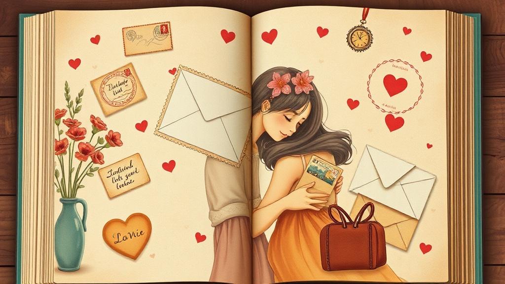 Vintage style romance picture book with love letters and postal elements