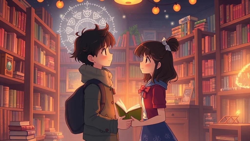 Cozy illustrated romance scene of characters meeting in a magical bookshop