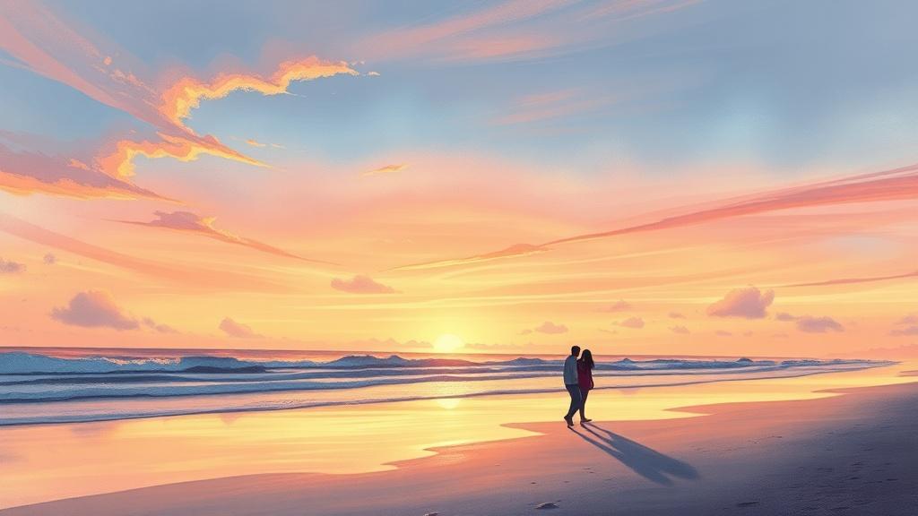 An illustrated picture book scene of a romantic beach sunset with two silhouettes walking along the shore, pastel watercolor sky