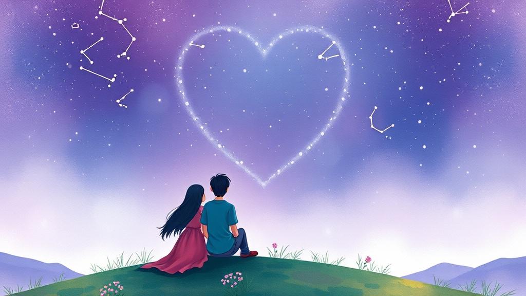 Dreamy illustrated scene of a couple stargazing with constellations forming a heart