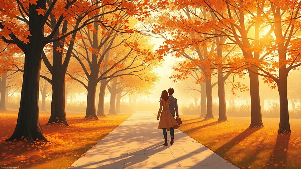 Illustrated romance scene of a couple walking through autumn leaves with golden light