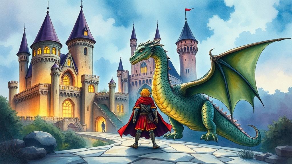 A fantasy hero and a dragon standing together in front of a magical castle with glowing towers, watercolor storybook style with rich jewel tones