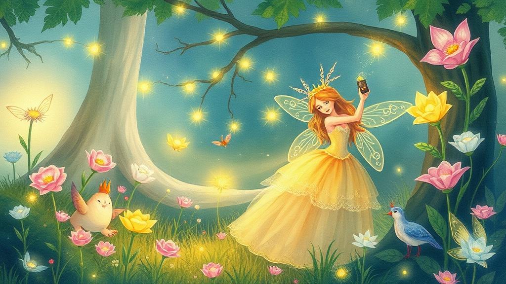 A whimsical illustrated scene of a fairy queen in an enchanted garden with luminous flowers and magical creatures, pastel fantasy watercolor style
