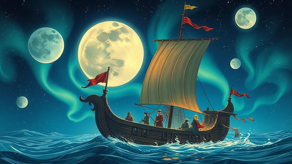 An illustrated fantasy picture book scene of a group of adventurers sailing a flying ship through a starlit sky with moons and auroras