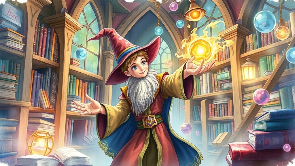 Watercolor style fantasy illustration of a young wizard casting spells in a magical library with floating books
