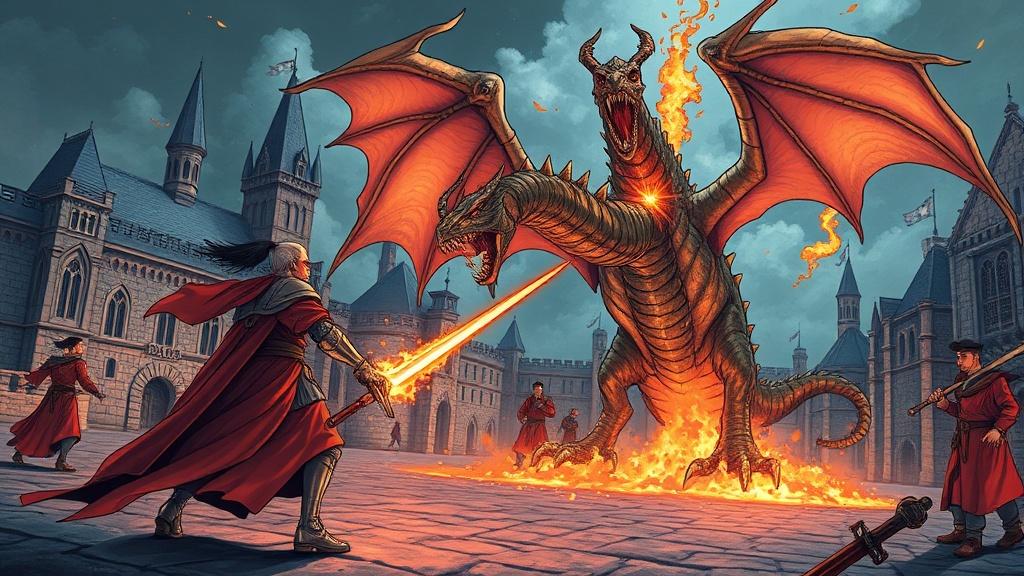 Comic book style fantasy illustration of an epic battle between a knight and a fire-breathing dragon