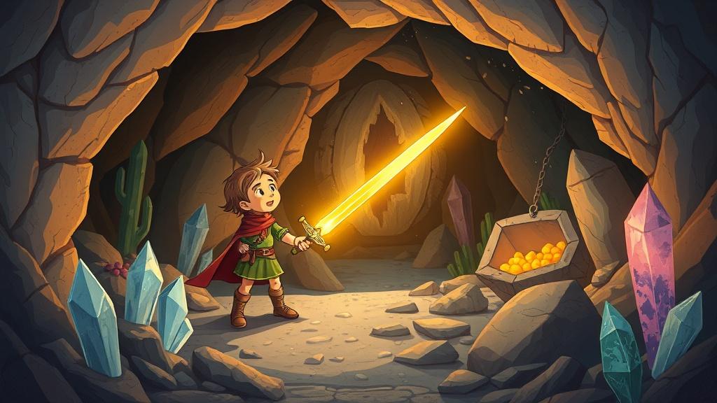 An illustrated fantasy picture book scene of a young hero discovering a glowing magical sword in an ancient cave filled with treasure and crystals