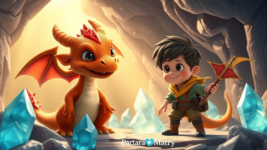 Pixar 3D style fantasy illustration of a cute dragon and brave child adventurer exploring a crystal cave