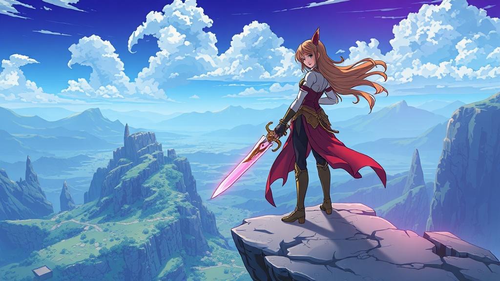 Anime style fantasy illustration of a warrior princess with a magical sword overlooking a vast kingdom