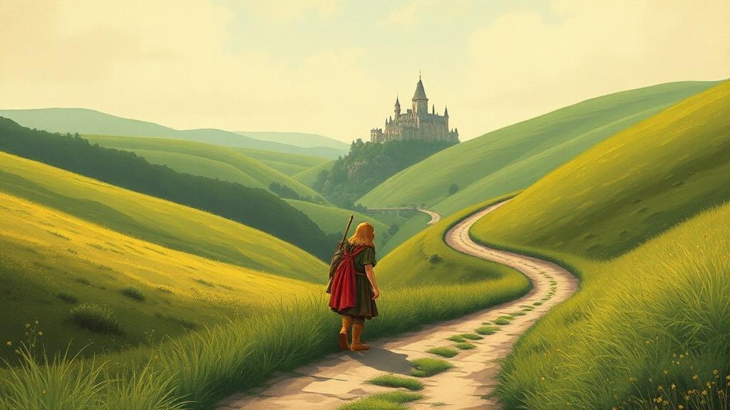 Vintage style fantasy picture book illustration of a hobbit-like character on a winding path through green hills