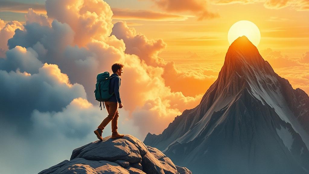 A brave young explorer with a backpack climbing a towering mountain peak with dramatic clouds and golden sunrise, watercolor storybook style