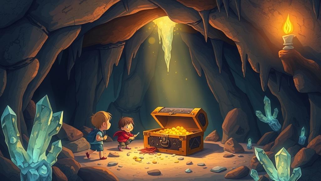 Children discovering a hidden treasure chest inside a torch-lit ancient cave with glowing crystals and stalactites