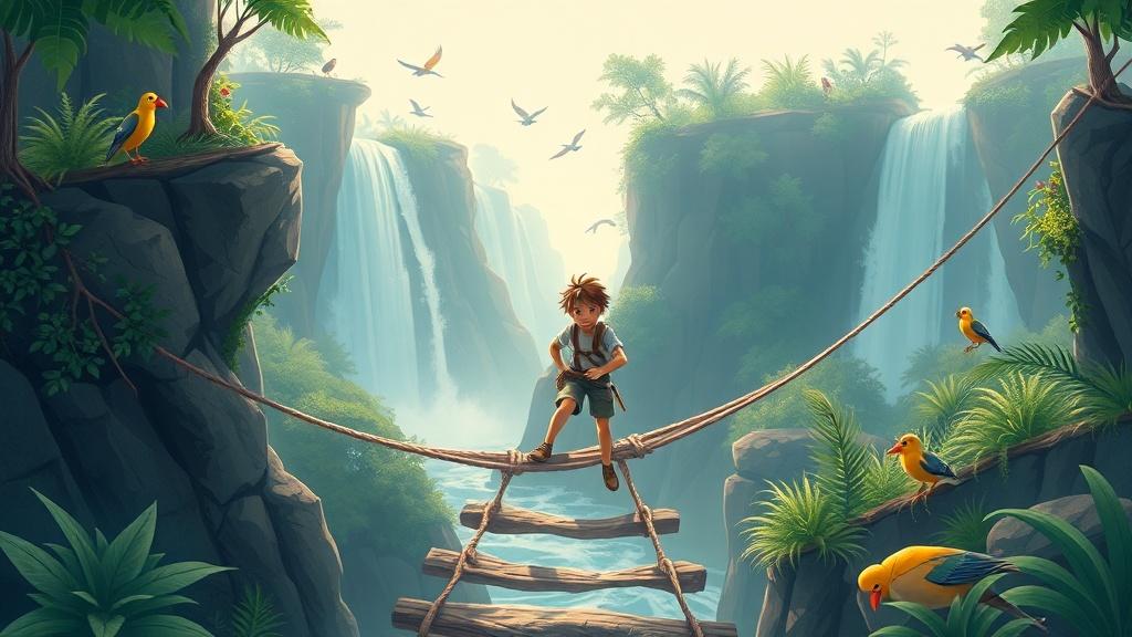 A young explorer crossing a rope bridge over a misty canyon with exotic birds and waterfalls in the background