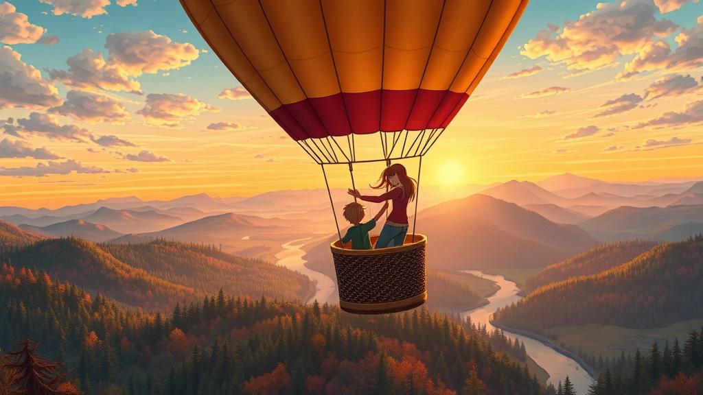 Two young friends riding a hot air balloon over a patchwork landscape of forests mountains and rivers at sunset