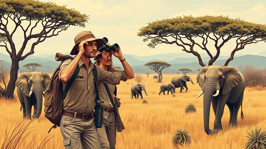Vintage retro style adventure illustration of explorers trekking through a savanna with elephants and acacia trees