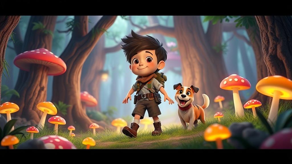 Pixar 3D style adventure illustration of a cute young adventurer with a dog exploring a magical forest
