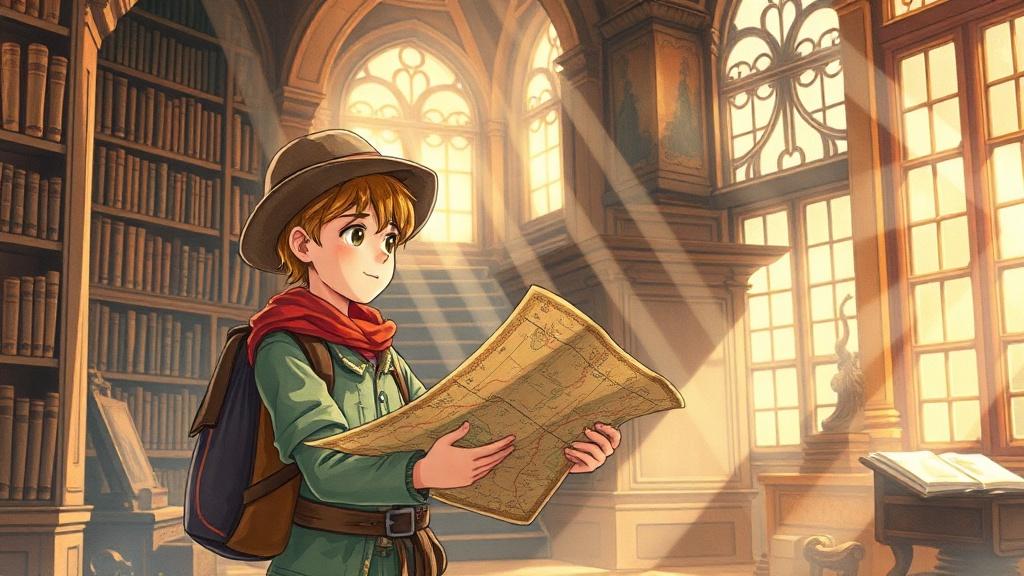 Watercolor style adventure illustration of a young explorer discovering an ancient map in a dusty library