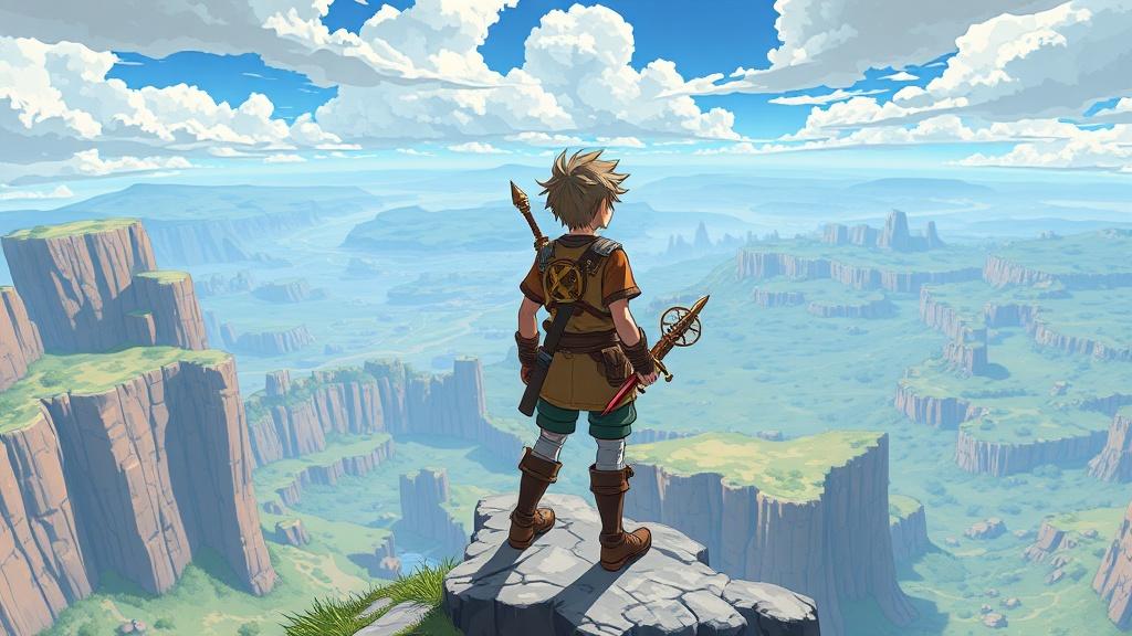 Anime style adventure illustration of a young warrior with a compass and sword at the edge of an epic cliff