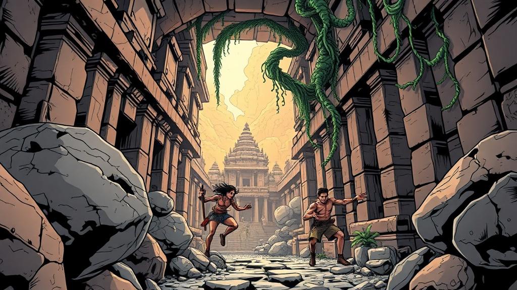 Comic book style adventure illustration of an action-packed chase through ancient temple corridors