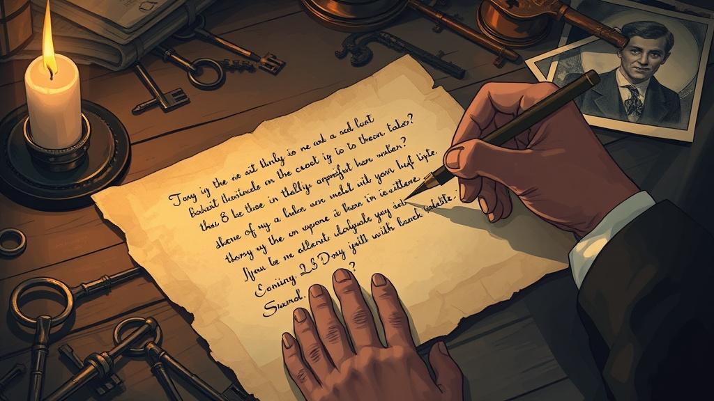 A hand writing a cryptic message with a quill by candlelight on ancient parchment, surrounded by keys and old photos, detective mystery art