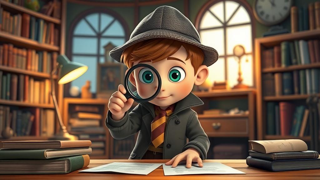 Pixar 3D style mystery illustration of a cute young detective kid with a spyglass examining clues in a cozy study