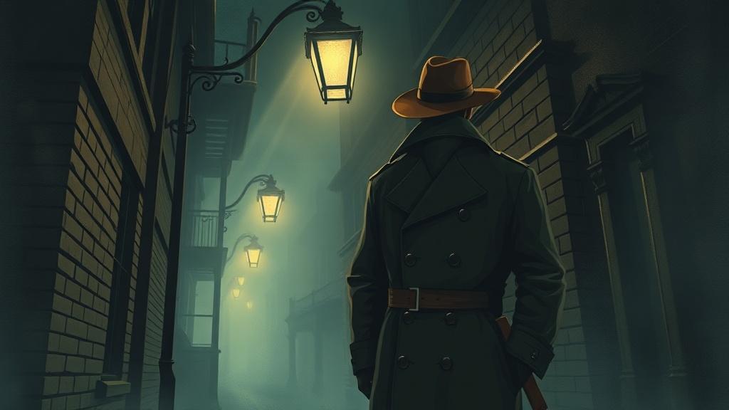 Vintage noir style mystery picture book illustration of a trench-coated detective under a lone streetlamp in a foggy alleyway