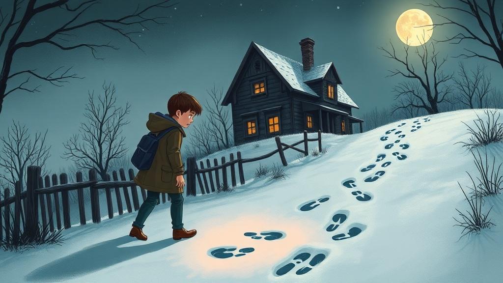 A young sleuth examining footprints in moonlit snow near an abandoned house, suspenseful storybook style