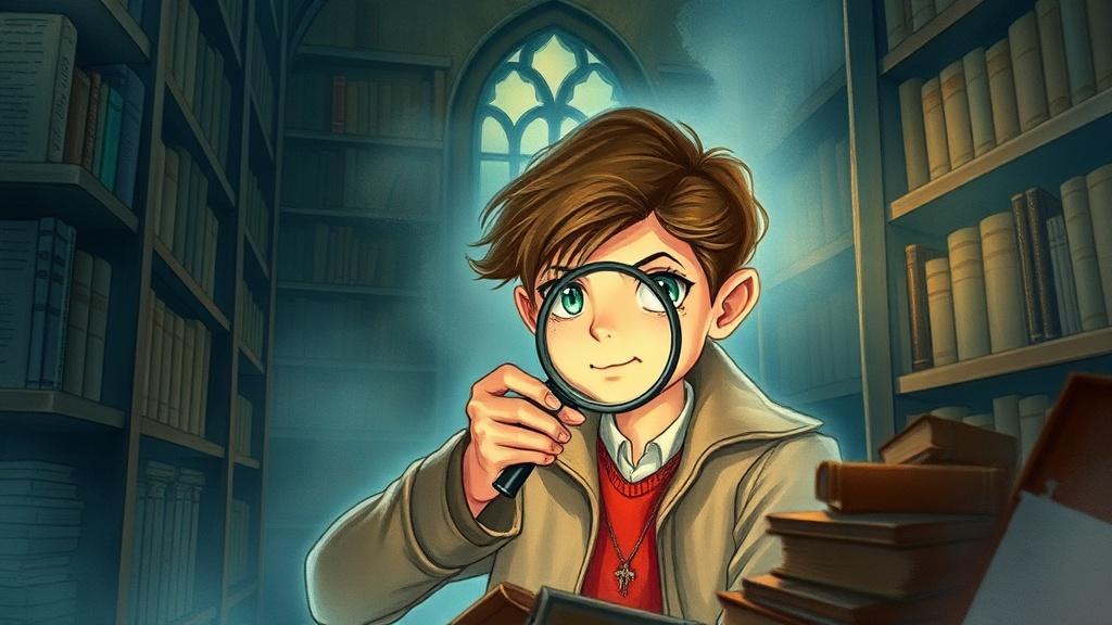 A young detective with a magnifying glass examining a mysterious glowing clue in an old library filled with dusty books and shadows, watercolor storybook style