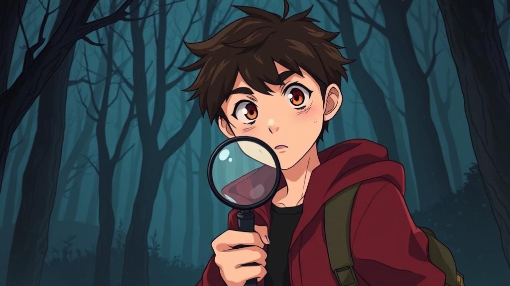 Anime style mystery illustration of a teenage sleuth with a magnifying glass in a misty forest at night