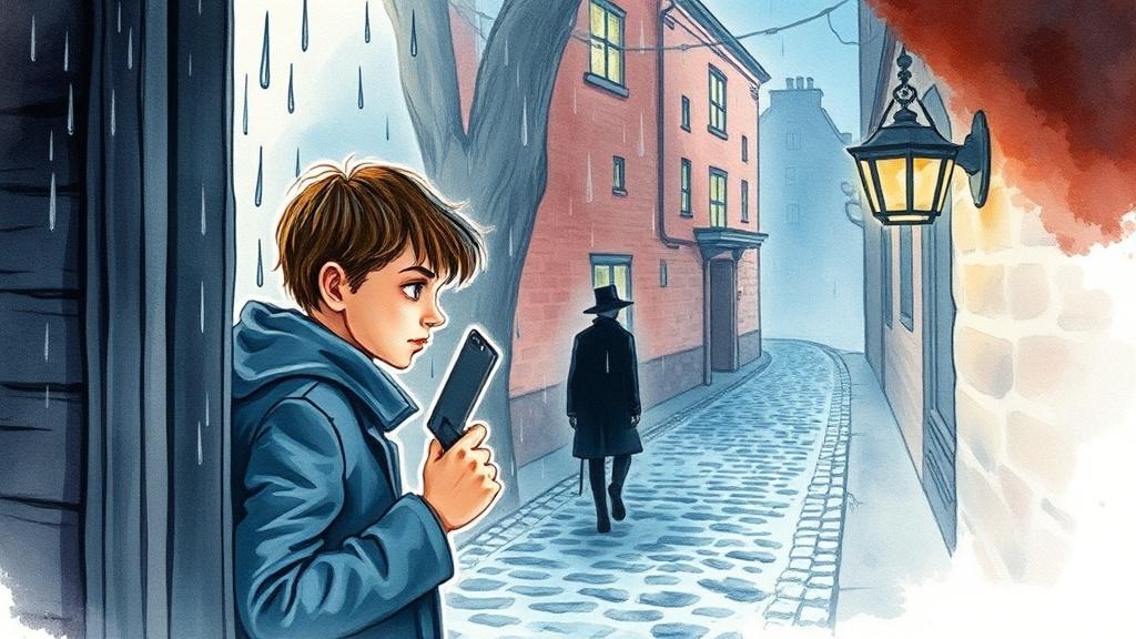 Watercolor style mystery illustration of a young detective peering through a rain-streaked window at a shadowy figure