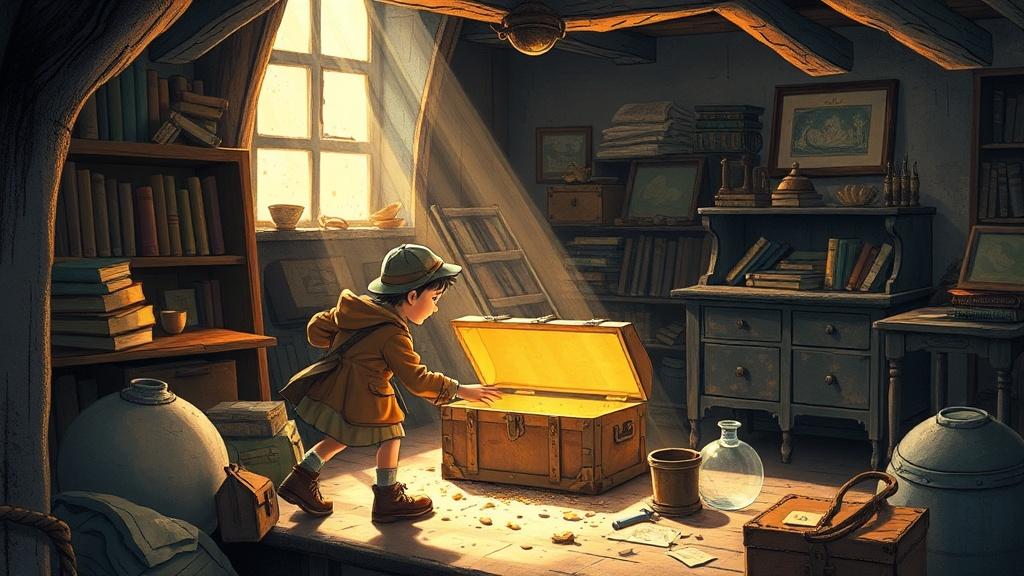 Two young detectives discovering a hidden treasure chest inside a forgotten attic with shafts of dusty sunlight, warm storybook illustration