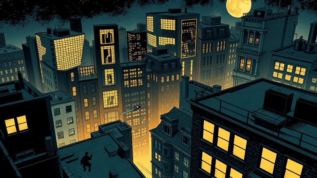Comic book style mystery illustration of a dramatic chase scene through a dark city rooftop