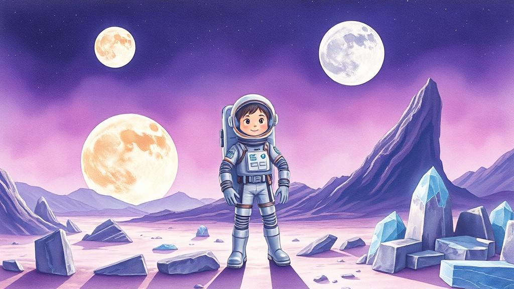 A young space explorer in a silver spacesuit standing on an alien planet with purple skies, twin moons, and glowing crystalline rocks, watercolor storybook illustration