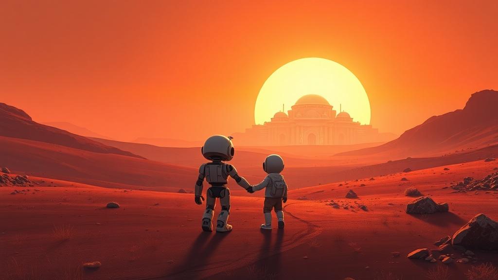 A small robot and a child holding hands walking on Mars toward a glowing dome city at sunset, warm storybook illustration